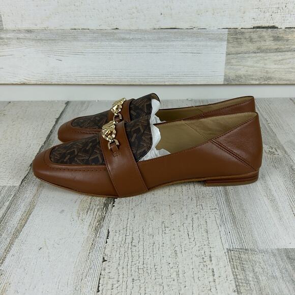 Michael Kors Tiffanie Women’s 6.5 Brown Leather gold Logo slip-on Loafer Flats - Picture 4 of 10
